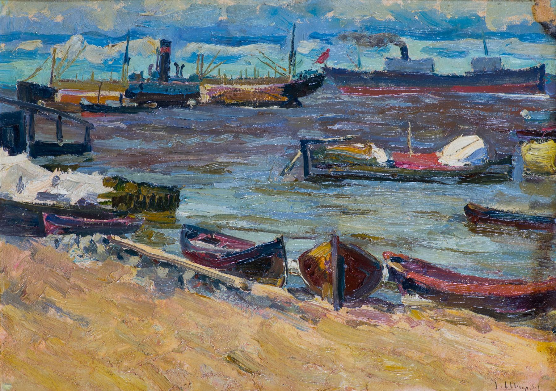 Картина Ширяев Г.А. "Урицкий" на рейде. 1929 г. Картон, масло.