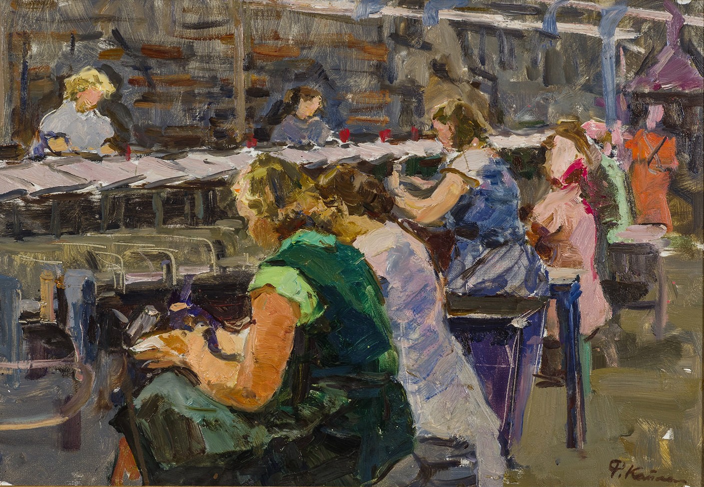 Картина Каплан Ф.М. Красный богатырь. Делают галоши. 1960 г. Картон, масло.
