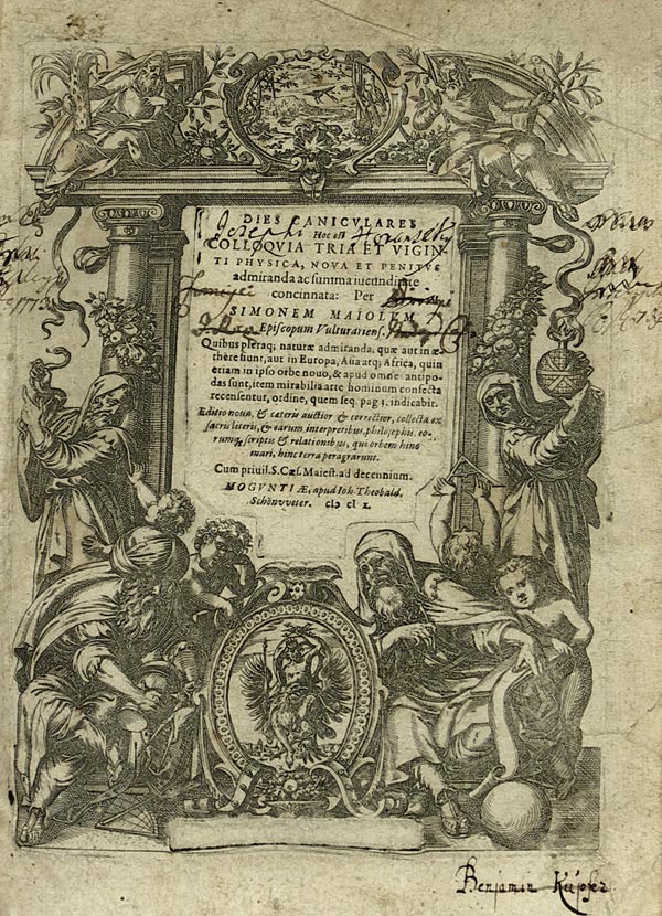 Majoli S., episcopi vulturariensis "Colloquiorum, siue dierum canicularium." Volume 1, 2, 3, 4, 6?. Helenopoli, cum Sac.C&S.Maiestatis Priuilegio, 1610, 1612, 1613, 3 n.l., 558 pp., 40 n.l., 2 n.l., 389 pp., 5 n.l., 2 n.l., 329 pp., 5 n.l., 2 n.l., 36