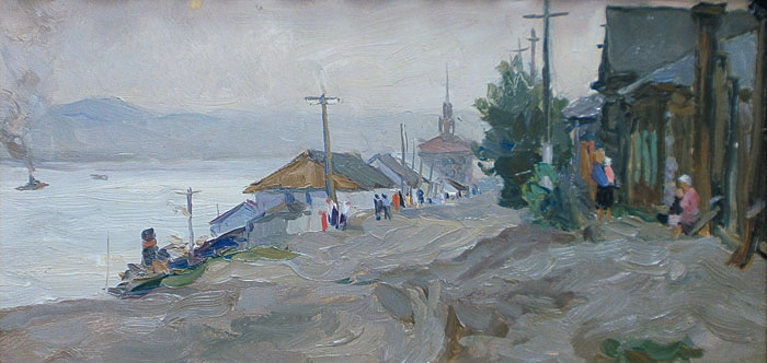 Картина Стожаров В.Ф. Улица у причала. Красноярск. 1958 г. Картон, масло.