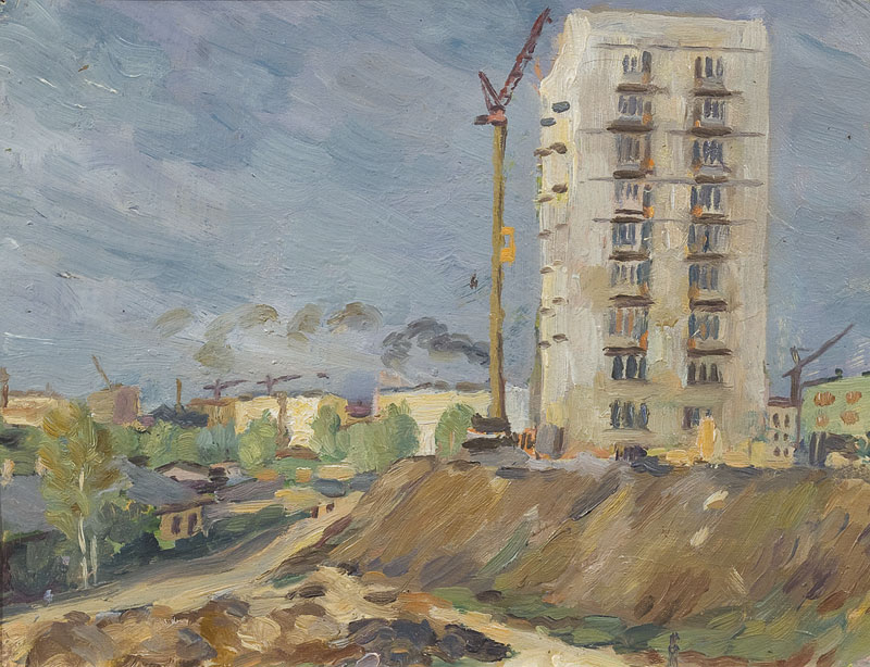 Картина Окс Е.Б. Строительство в Мневниках. 1963 г. Картон, масло.